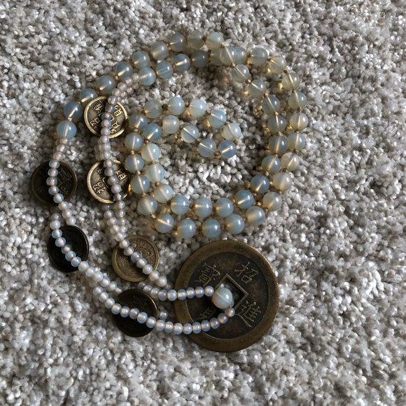 VTG Japanese Coin Necklace Dragon & Phoenix Translucent Moonglow Glass Beads 32” - Picture 3 of 12